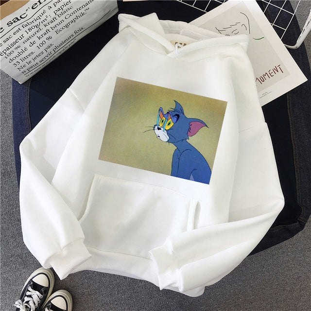 Harajuku Hoodies for Girls Cat Mouse White&pink Hooded Tops Women's Sweatshirt Long-sleeved Winter Tops Women Hoodies Kawaii
